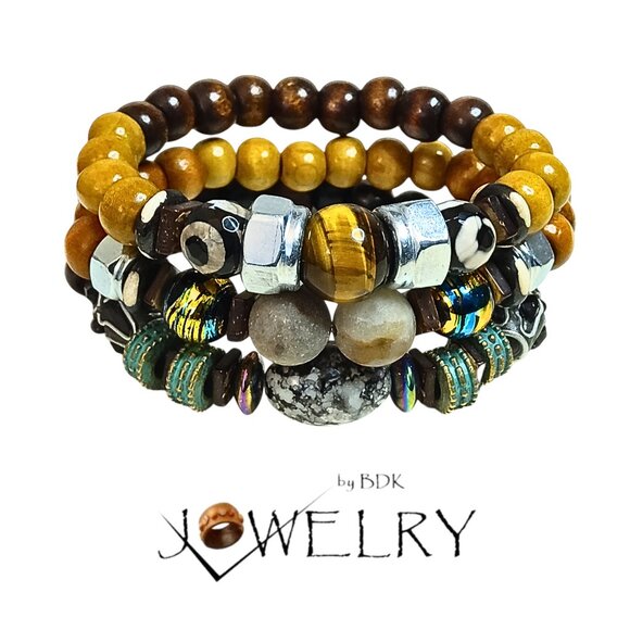 Jewelry By BDK Other - Men's Tiger Eye & Agate Layered Bracelet Set